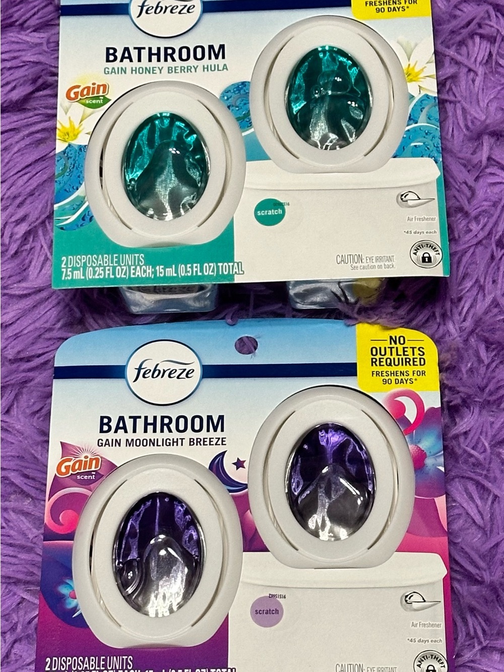 Two 2 pks Febreze Bathroom Air Freshener Duo in Teal and Purple